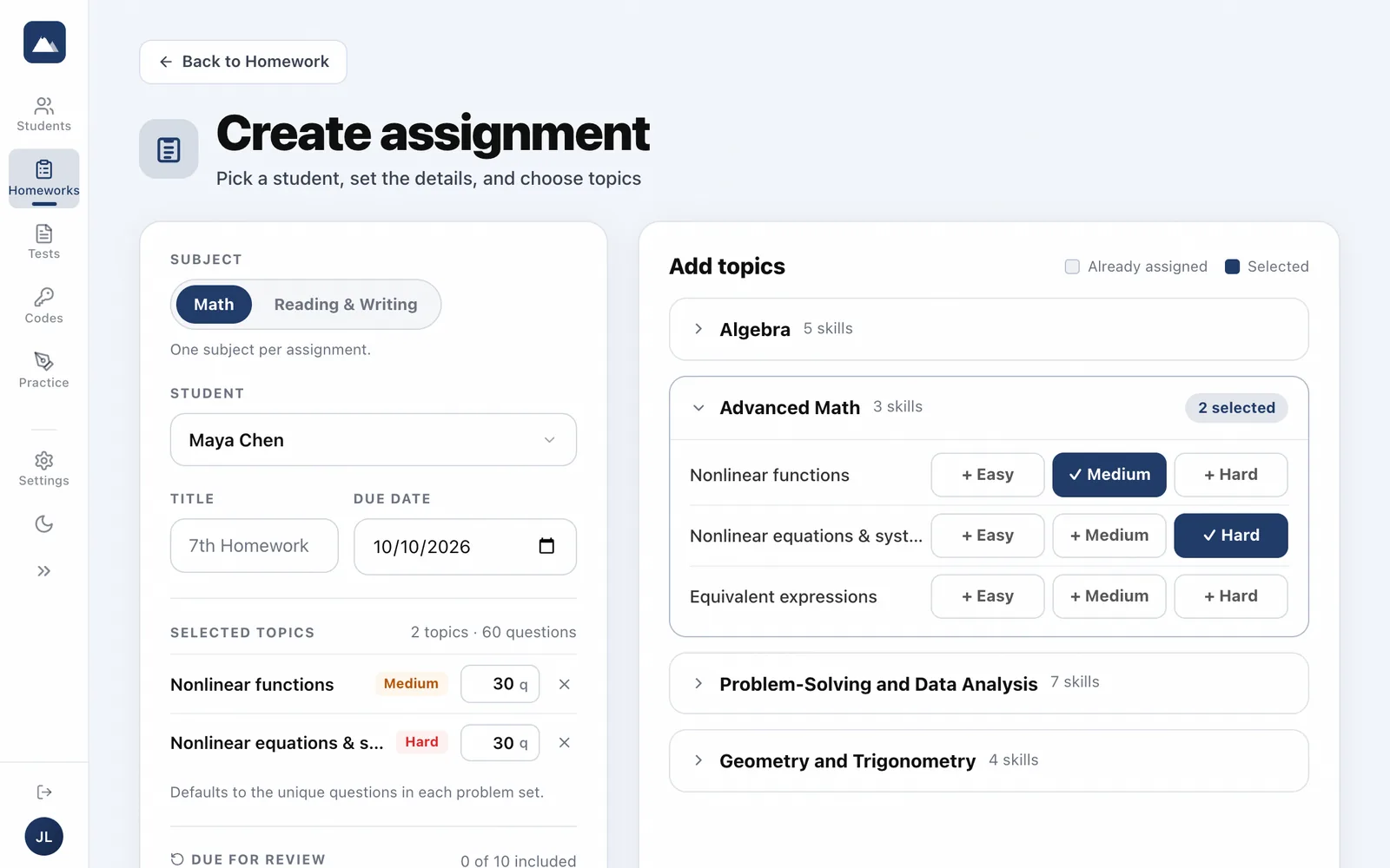 Tutor view: Assign homework in a minute